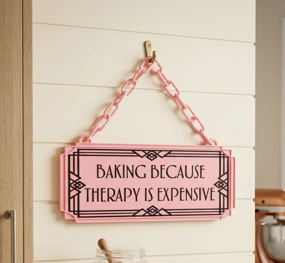 Baking Because Therapy Is Expensive Art Deco Hanging Sign