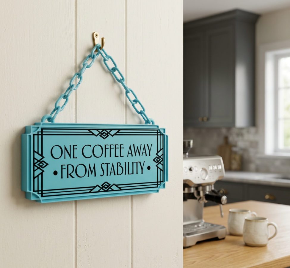 One Coffee Away From Stability Art Deco Hanging Sign