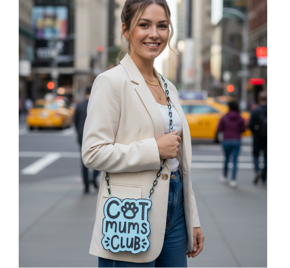 Blue and White Cat Mums Club Crossbody Handbag