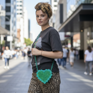 Green Glitter Scalloped Heart Crossbody Handbag