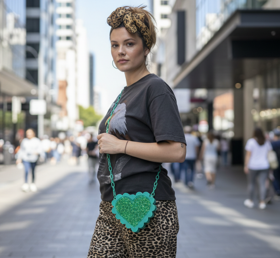 Green Glitter Scalloped Heart Crossbody Handbag