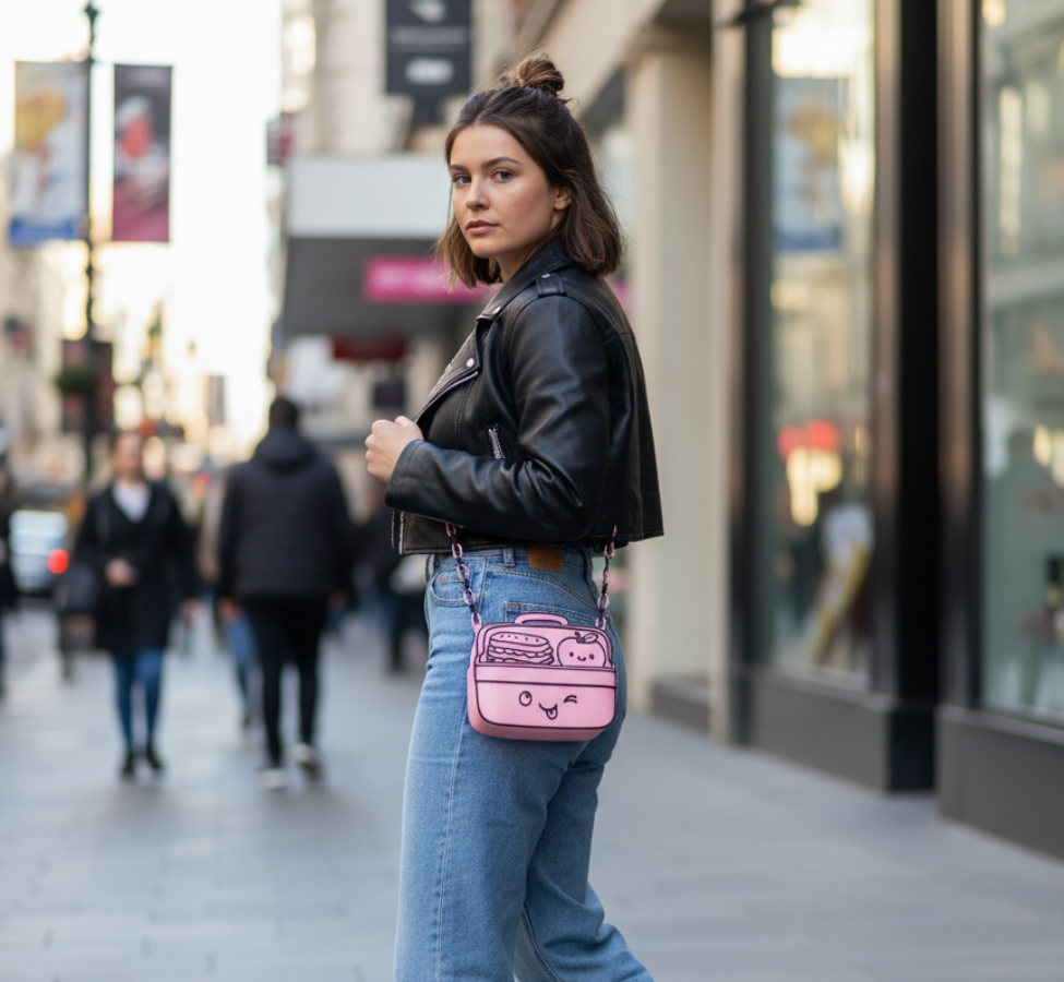 Pink and Black Lunchbox Crossbody Handbag