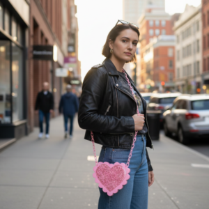 Pink Glitter Scalloped Heart Crossbody Handbag