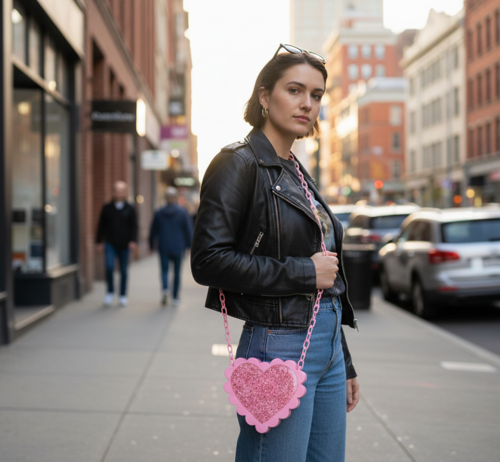 Pink Glitter Scalloped Heart Crossbody Handbag