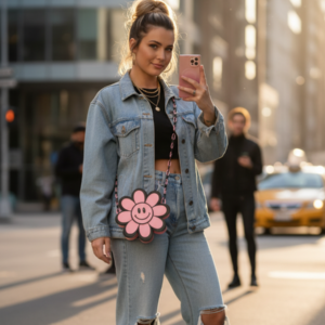 Pink and Black Smiley Flower Crossbody Handbag