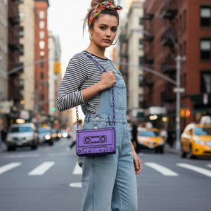 Purple and Black Mix Tape Crossbody Handbag