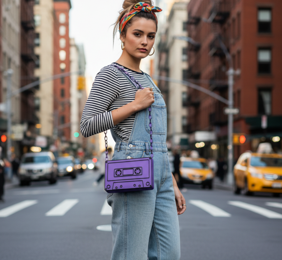 Purple and Black Mix Tape Crossbody Handbag