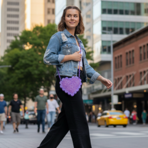 Purple Glitter Scalloped Heart Crossbody Handbag