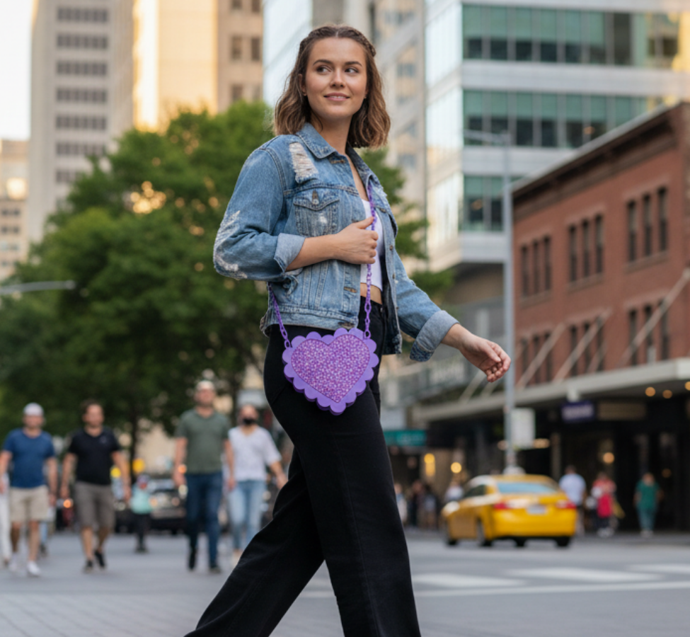 Purple Glitter Scalloped Heart Crossbody Handbag