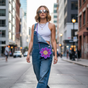 Purple Glitter Resin Smiley Flower Crossbody Handbag