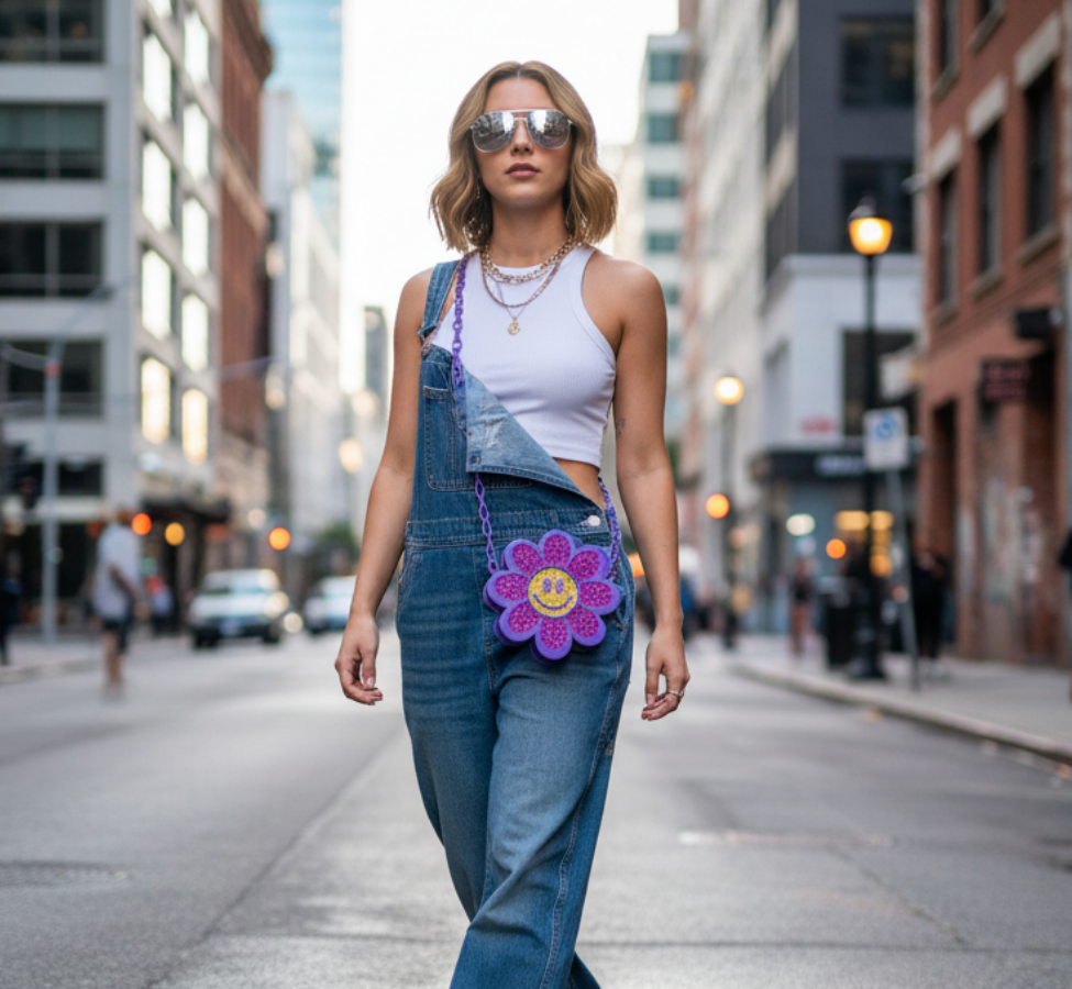 Purple Glitter Resin Smiley Flower Crossbody Handbag