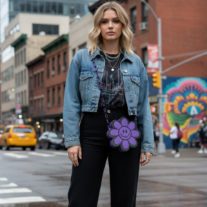 Purple and Black Smiley Flower Crossbody Handbag
