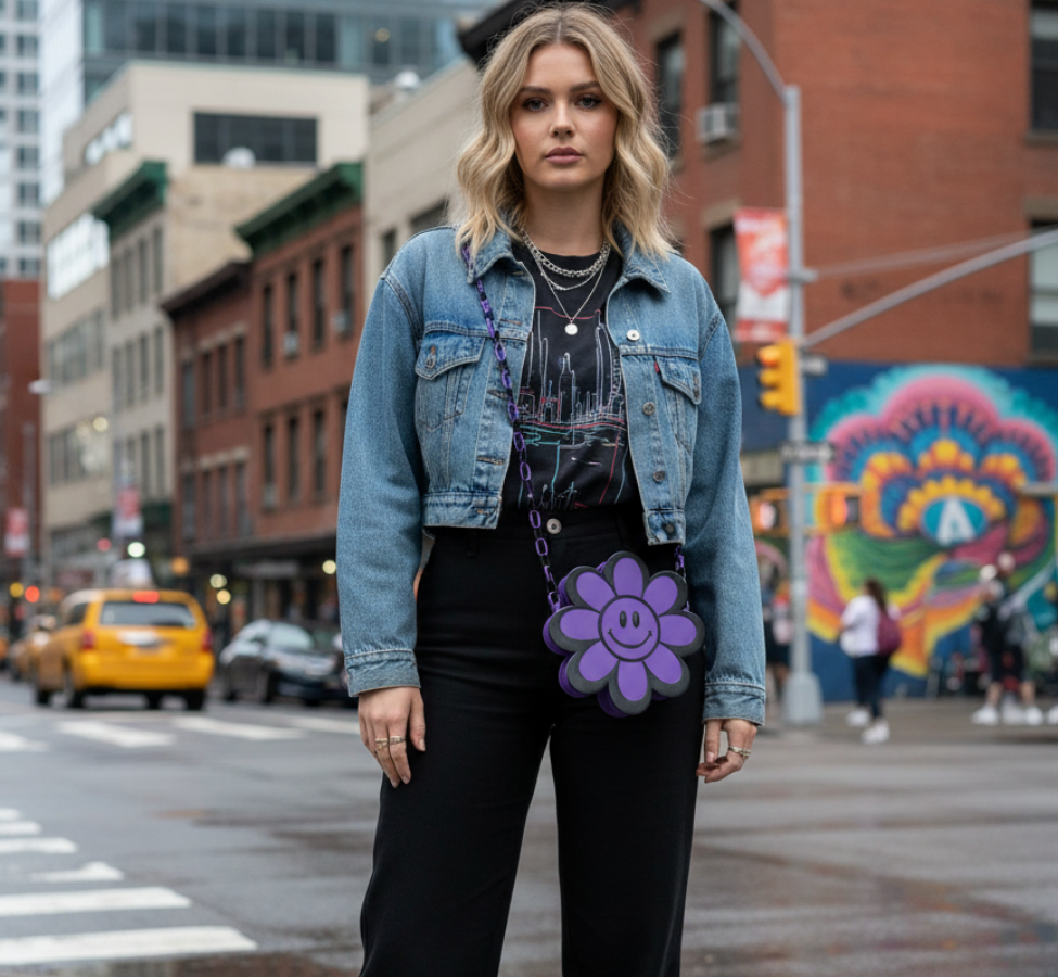 Purple and Black Smiley Flower Crossbody Handbag